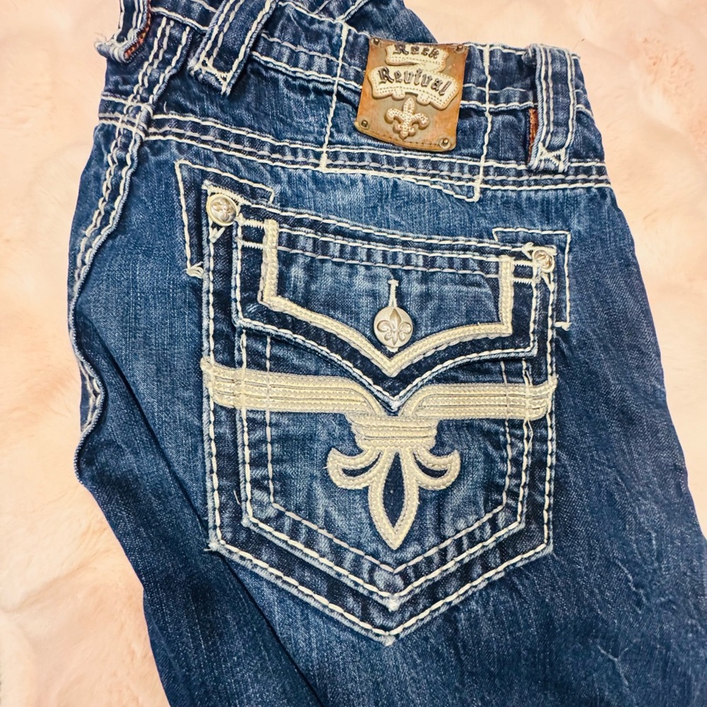Rock Revival Men's Bootcut Jeans - Dark Blue Denim with Orange Logo - Picture 4 of 8